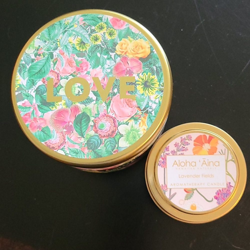 Set of 2 NEW candles in floral tins.